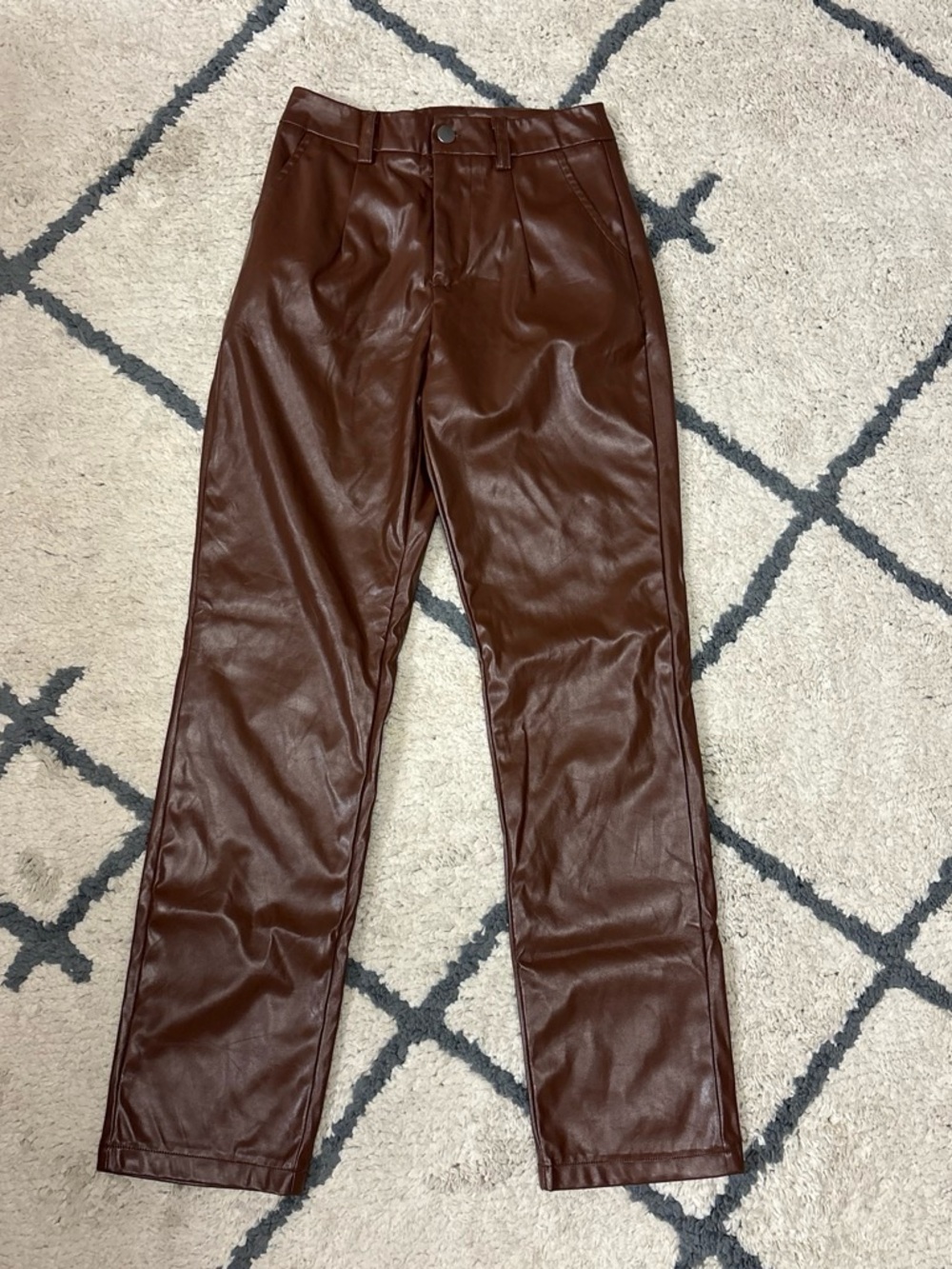 Women's Faux Leather High-Rise Straight Pants - Brown